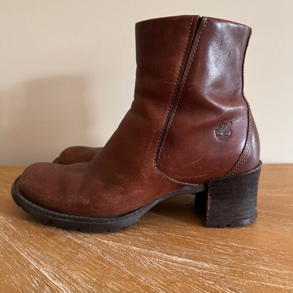 Timberland Genuine Leather Boots Block Heel Booties Distressed Tan Brown 7.5 - Picture 3 of 12